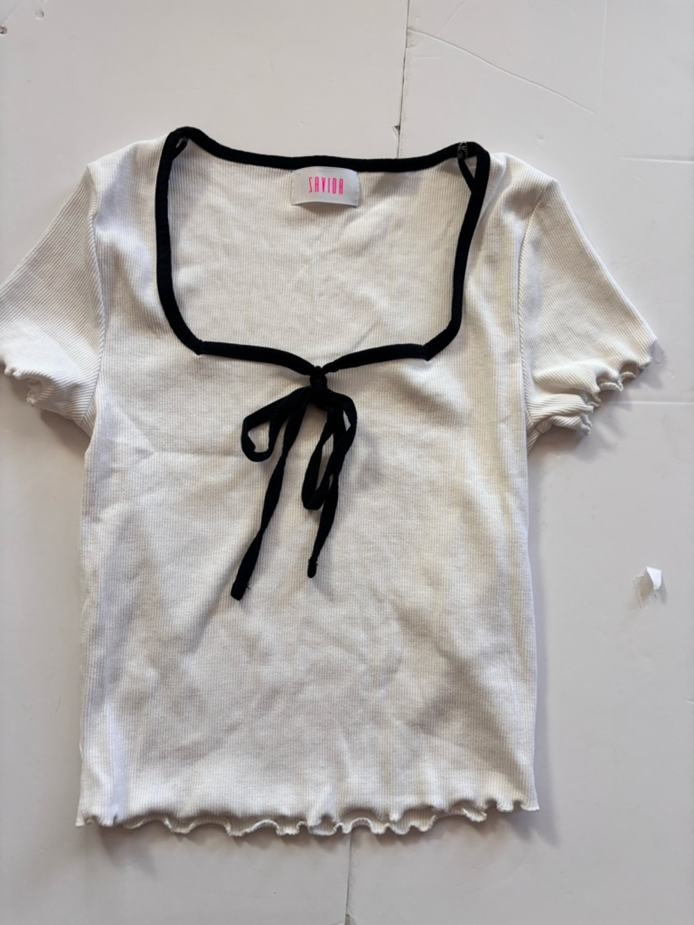 Savida White Rib Knit Tie-Front Top with Black Trim